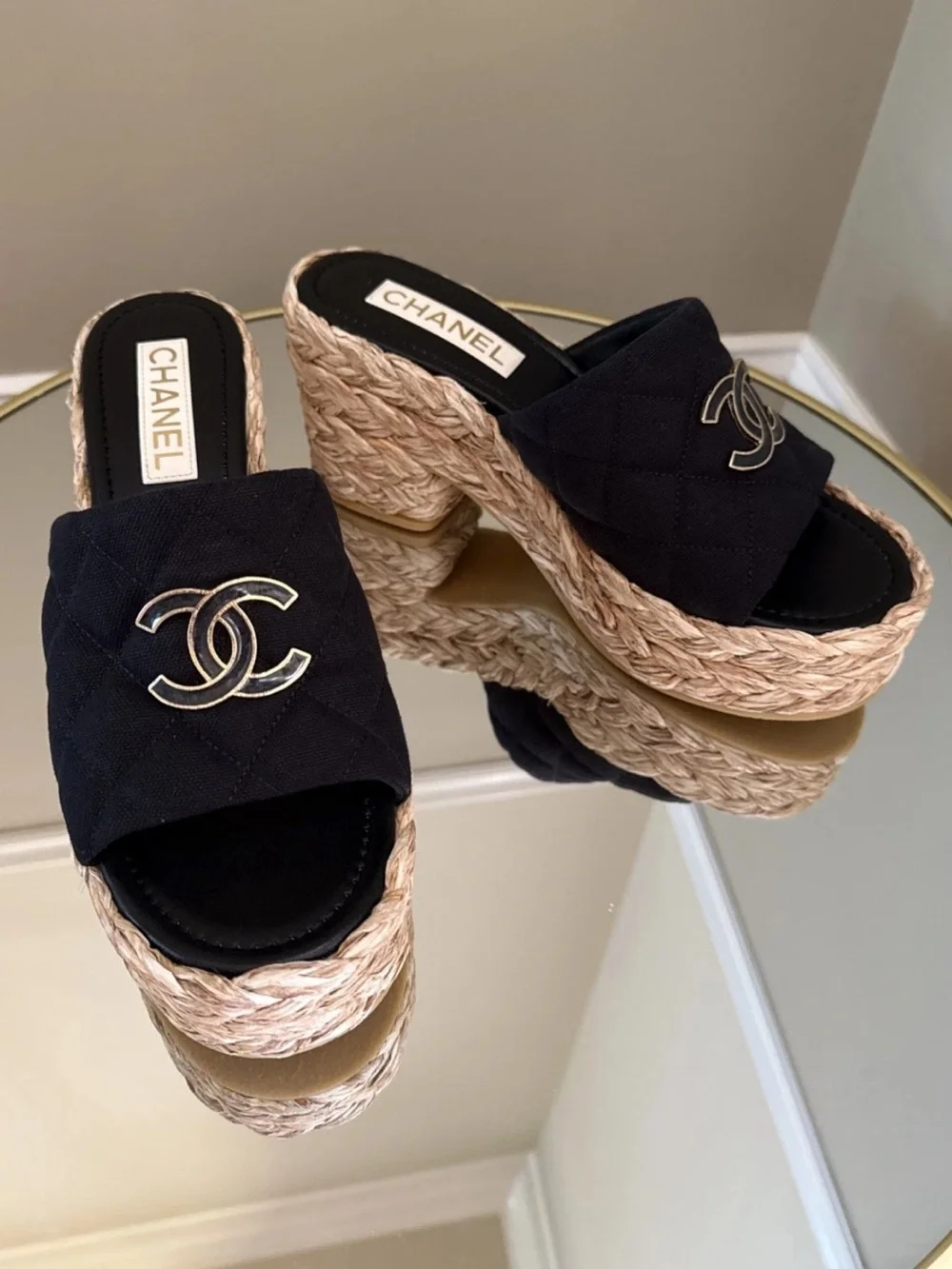 Chanel 25C Platform Raffia CC interlocking logo slides sandal size 37